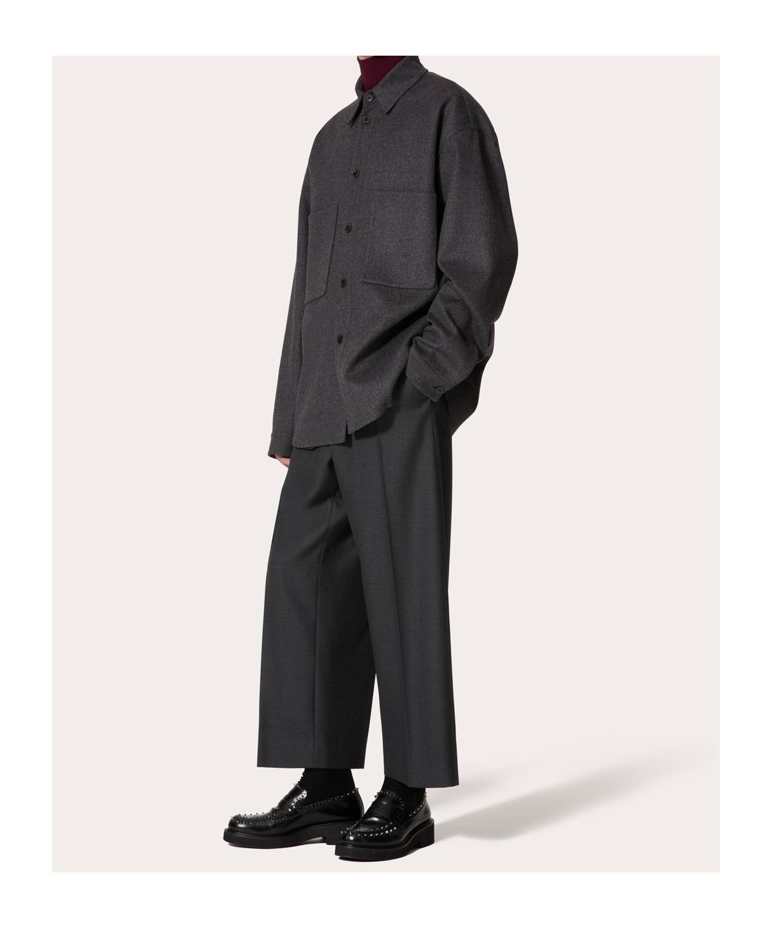 Valentino Garavani Grey Wide Pants With Pences In Wool Man In Black