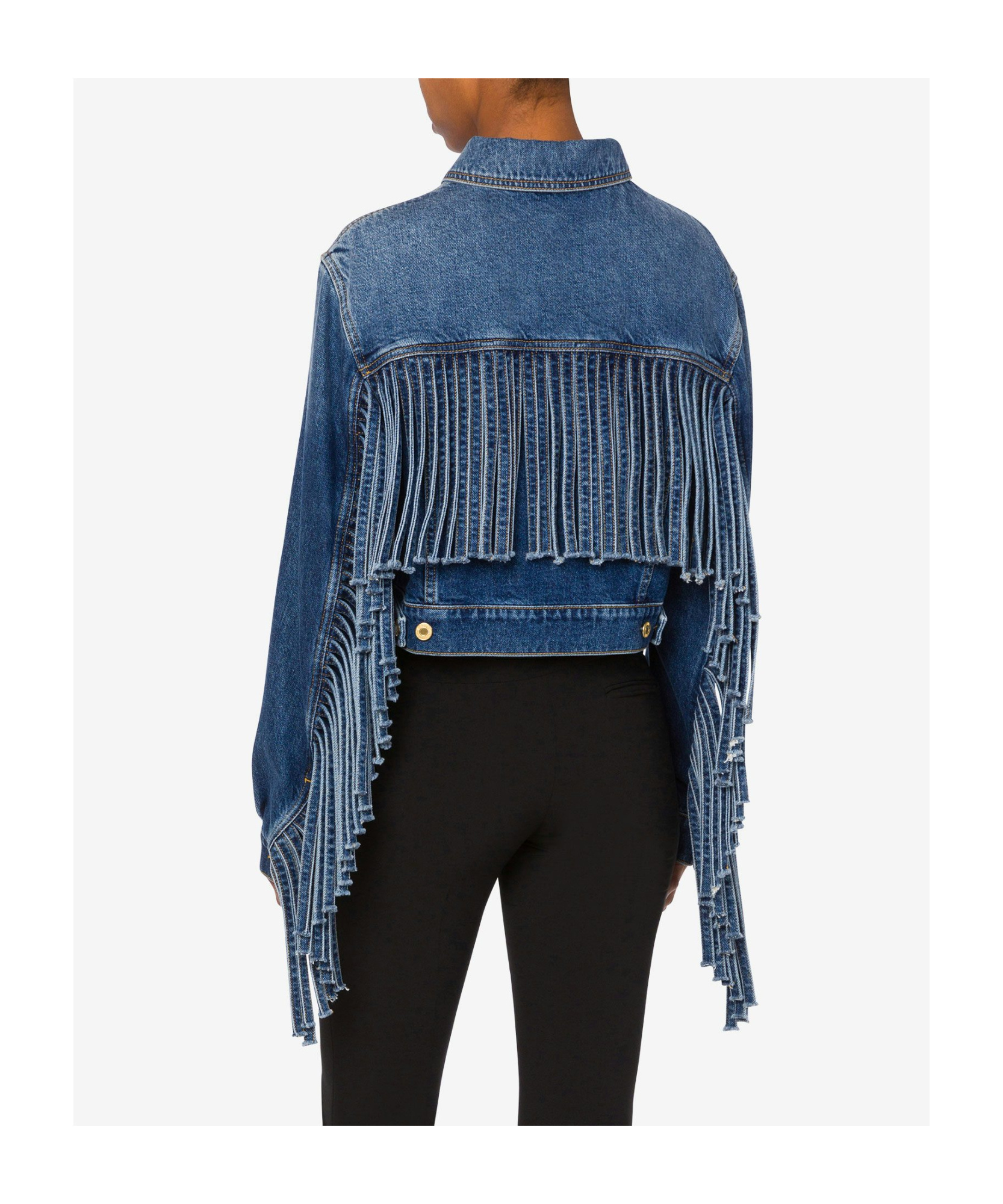 Moschino Fringed Cropped Denim Jacket In Blue