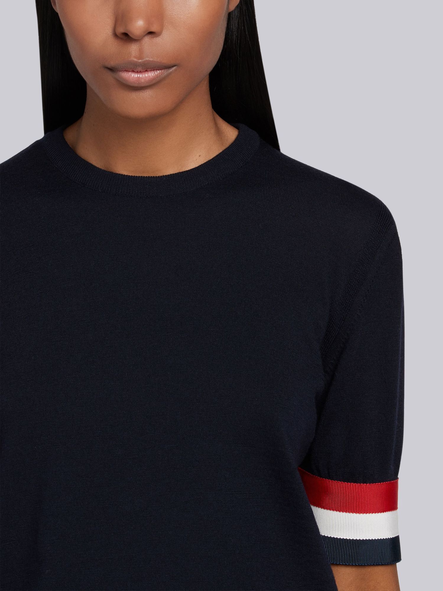 Thom Browne Rwb Cuff Fine Merino Tee In Black