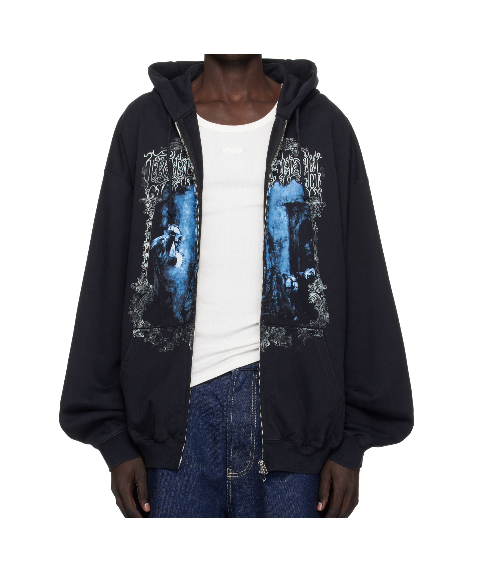 Vetements Printed Drawstring Zipped Hoodie In Black