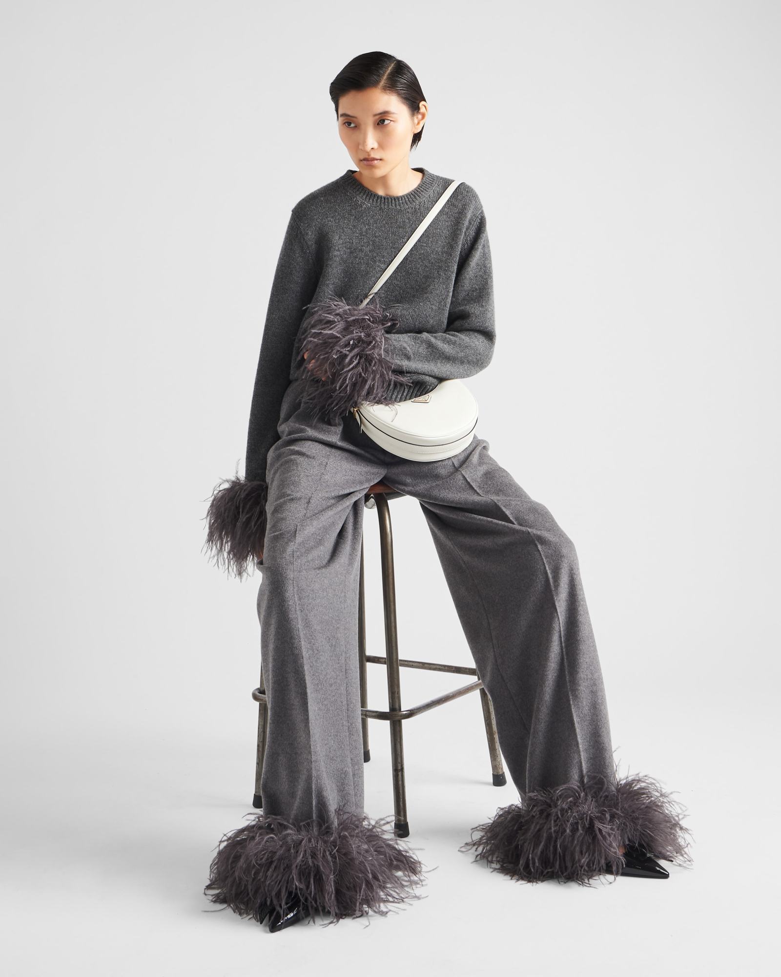 Prada Cashmere Pants With Feathers In Gray