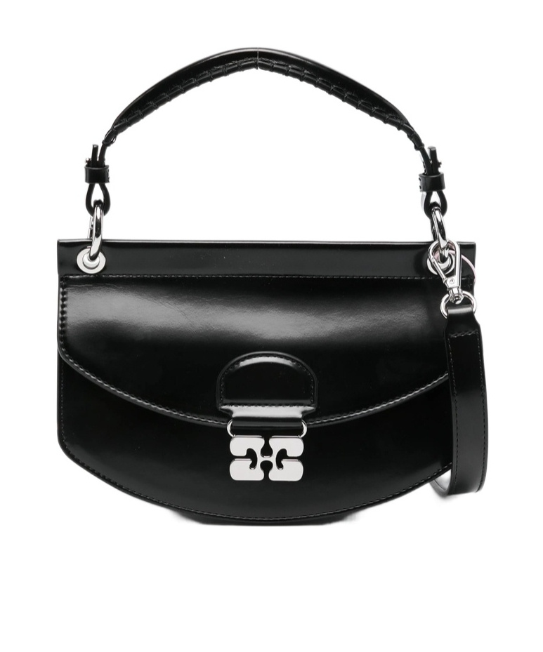 Ganni Curved Leather Cross Body Bag In Black