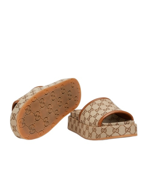 Gucci Women Beige Sandals With Leather Finishes And All-over Gg Motif In Fabric Woman In Brown