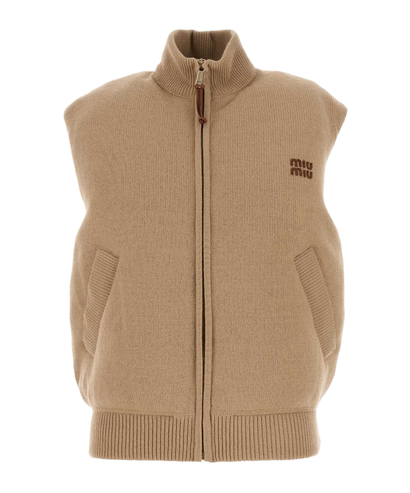 Miu Miu Beige Wool Blend Sleeveless Down Jacket In Brown