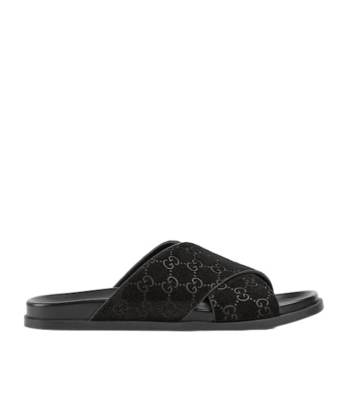Gucci Men Black Suede Slippers In Black