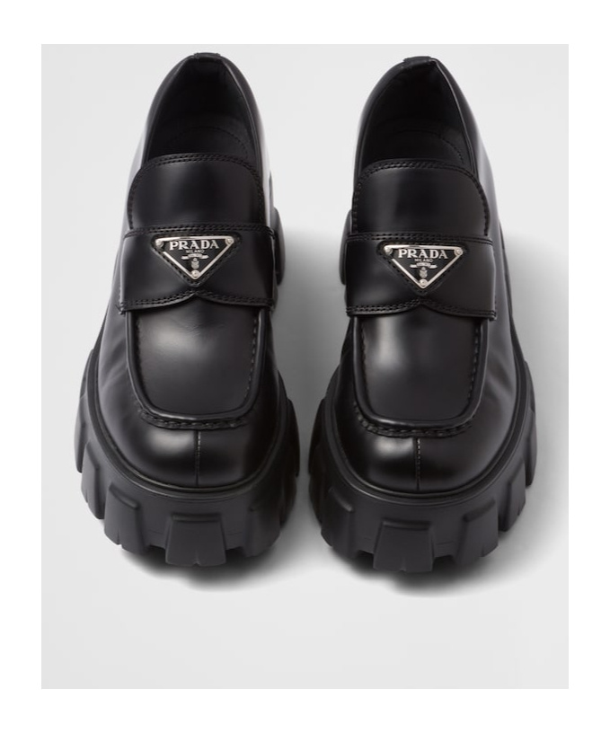 Shop Prada Brushed Leather Monolith Loafers In Black