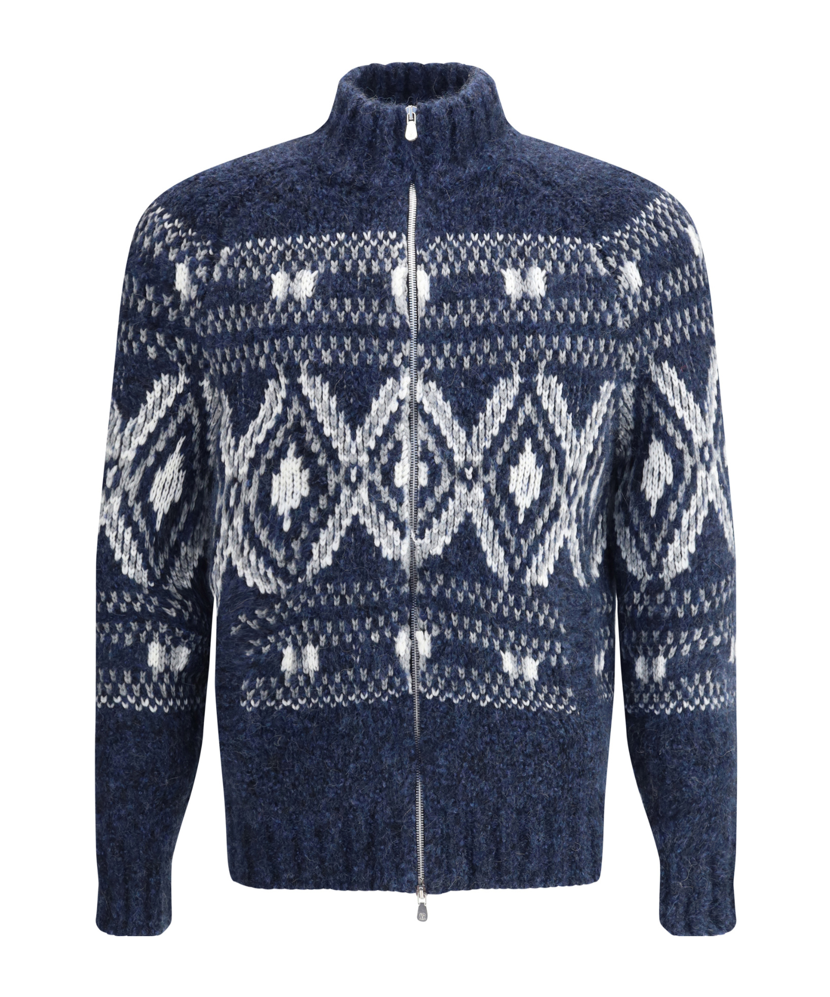 Brunello Cucinelli Geometric Jacquard Cardigan In Wool And Cashmere In Blue