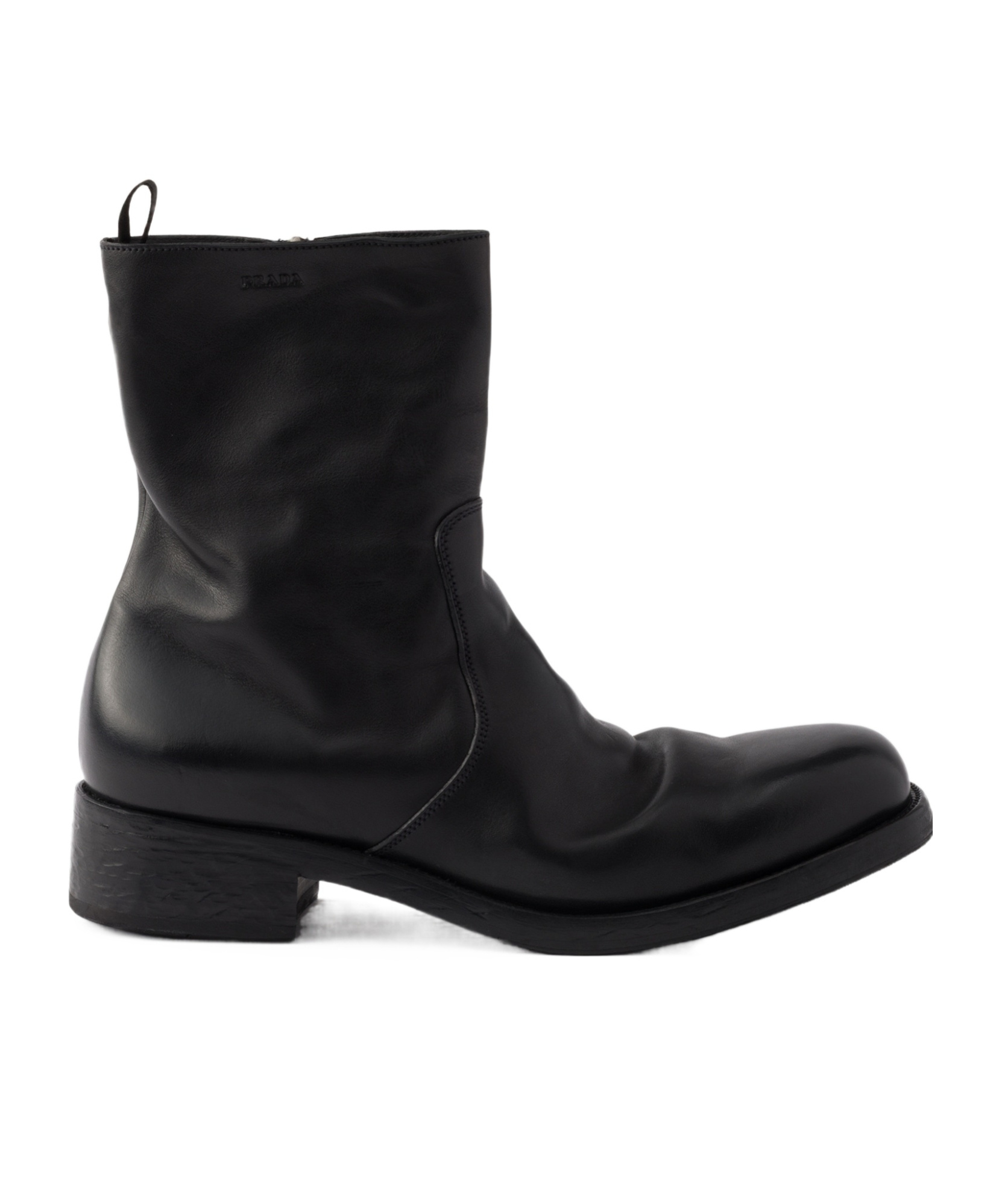 Prada Round Toe Leather Ankle Boots With Block Heel In Black