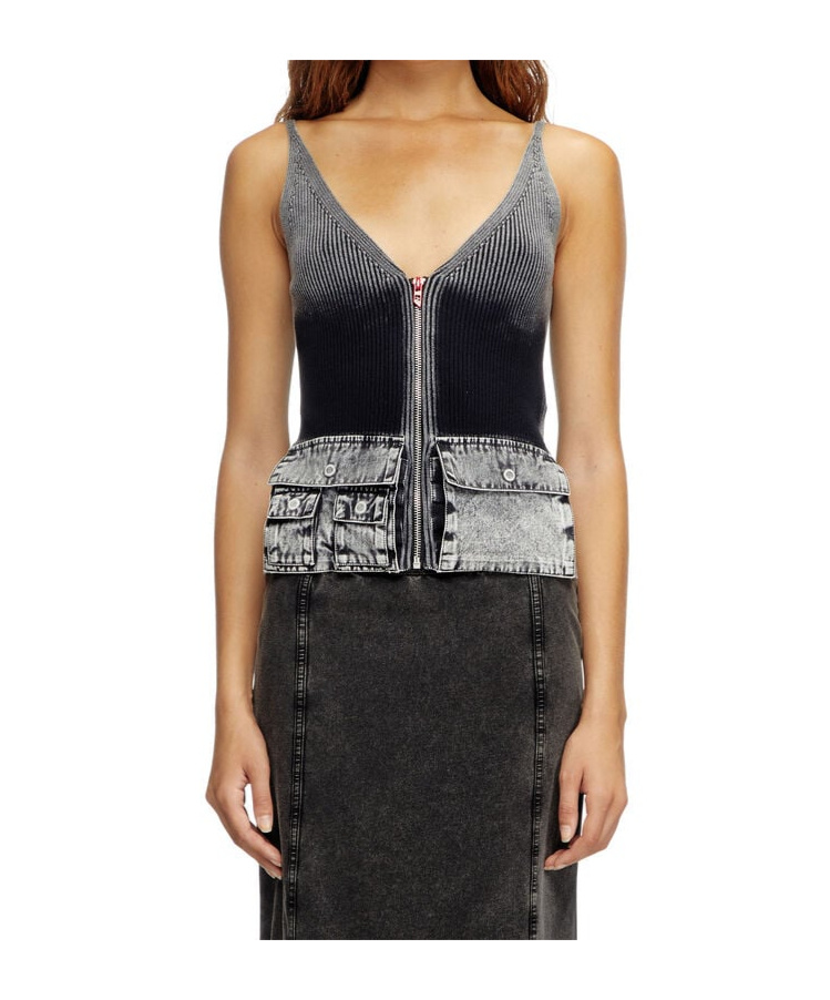 Diesel Knit Tank Top With Denim Cargo Pockets In Black