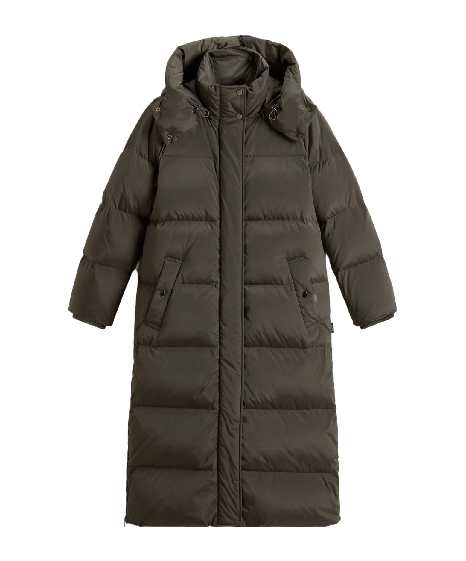 Woolrich Long Hooded Quilted Coat Front Pockets In Brown