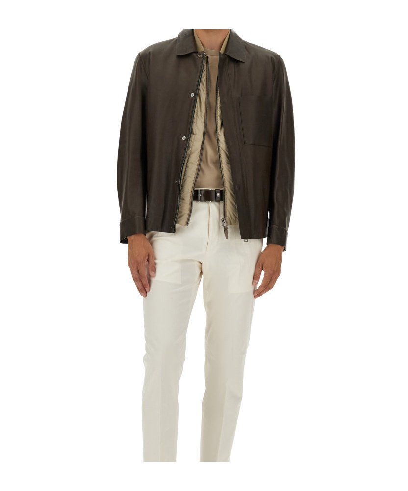 Hugo Boss Boss Camel Brown Leather Jacket With Classic Collar In Black