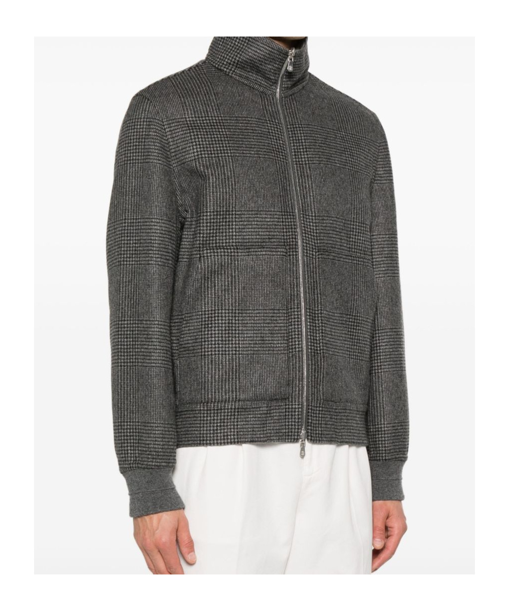 Brunello Cucinelli Check-pattern Zip-up Bomber Jacket In Gray
