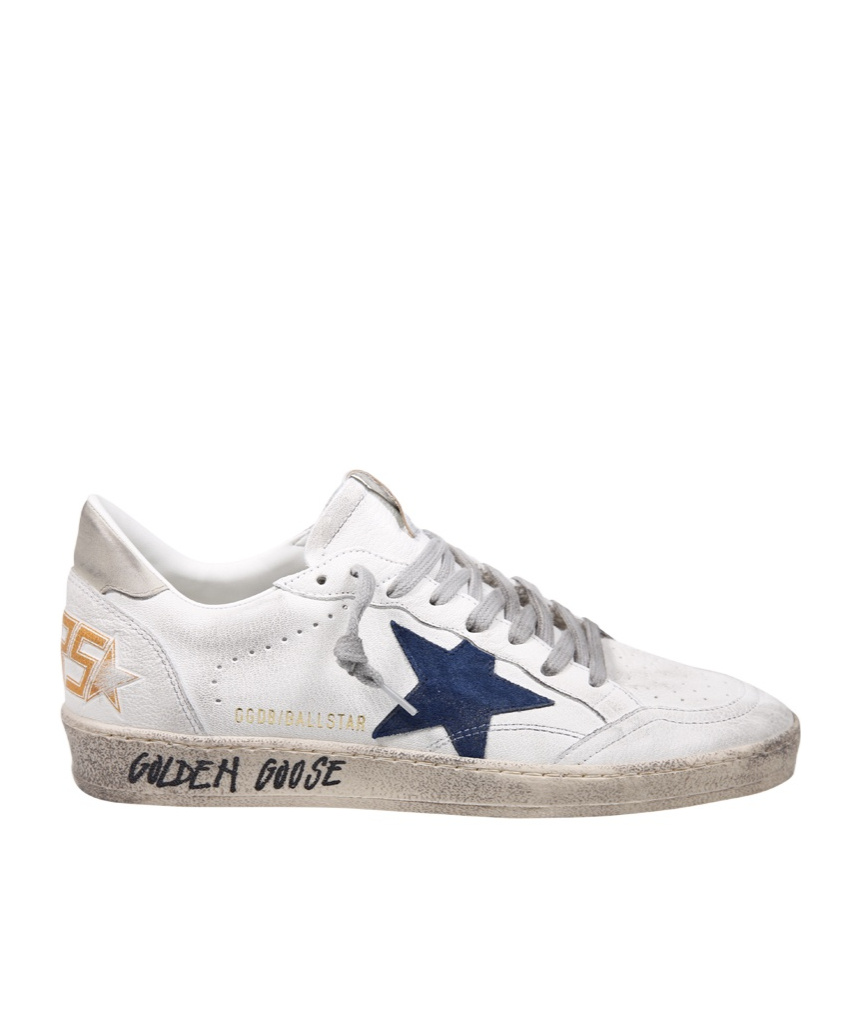 Golden Goose Ball Star Sneakers In Vintage Effect Leather With Blue Leather Star Shoes