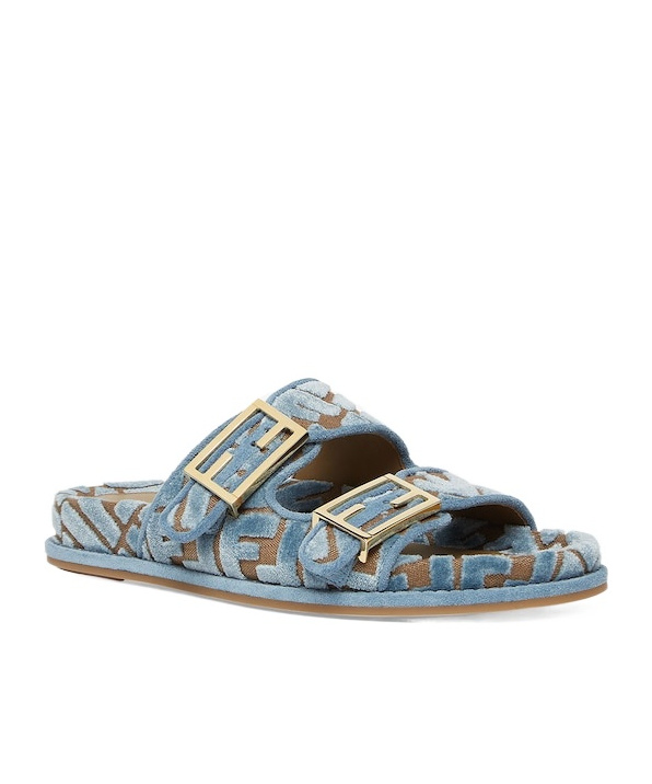 Fendi Light Blue Ff Jacquard Velvet Slides In Gray