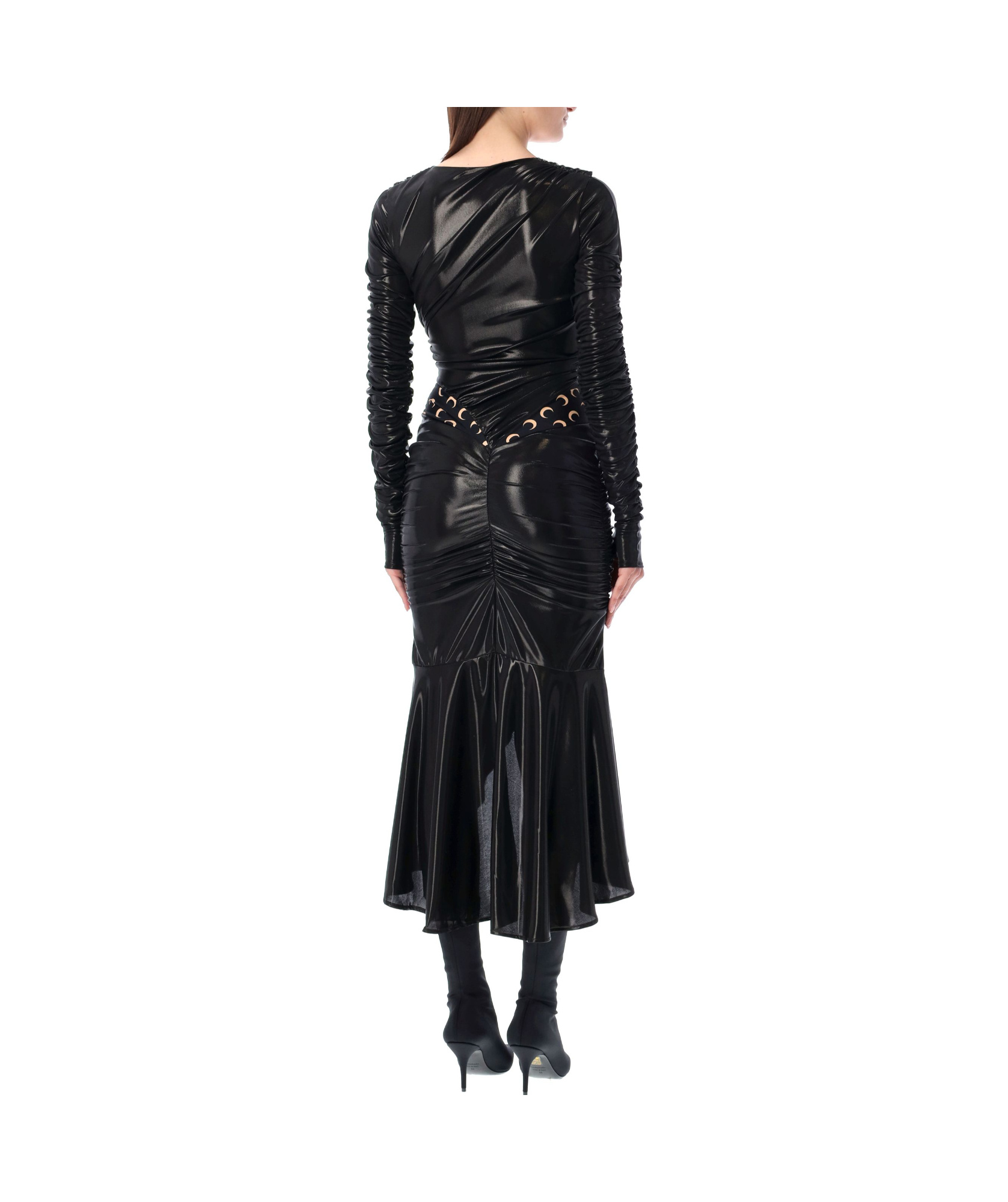 Marine Serre All Over Moon Ruched Jersey Midi Dress In Black