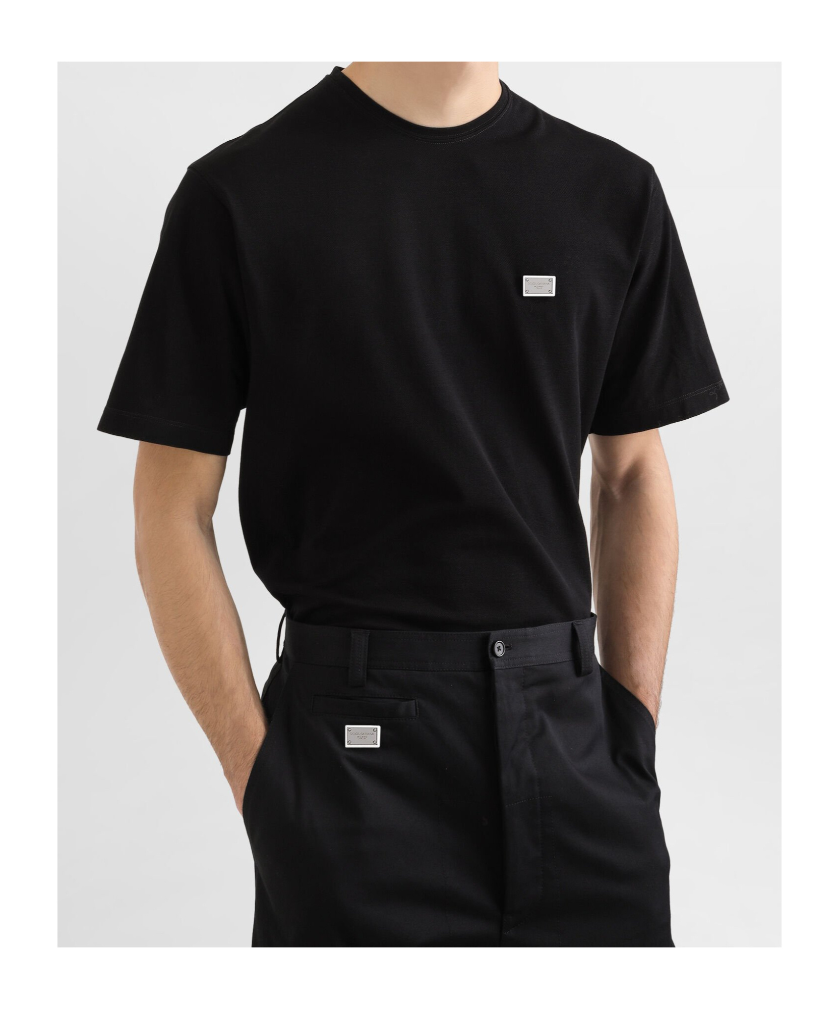 Dolce & Gabbana Cotton T-shirt With Metal Plaque Featuring Front Logo In Black