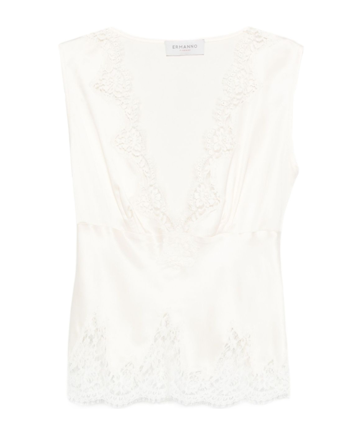 Ermanno Firenze Lace Trim Sleeveless Top With Deep V-neck In White