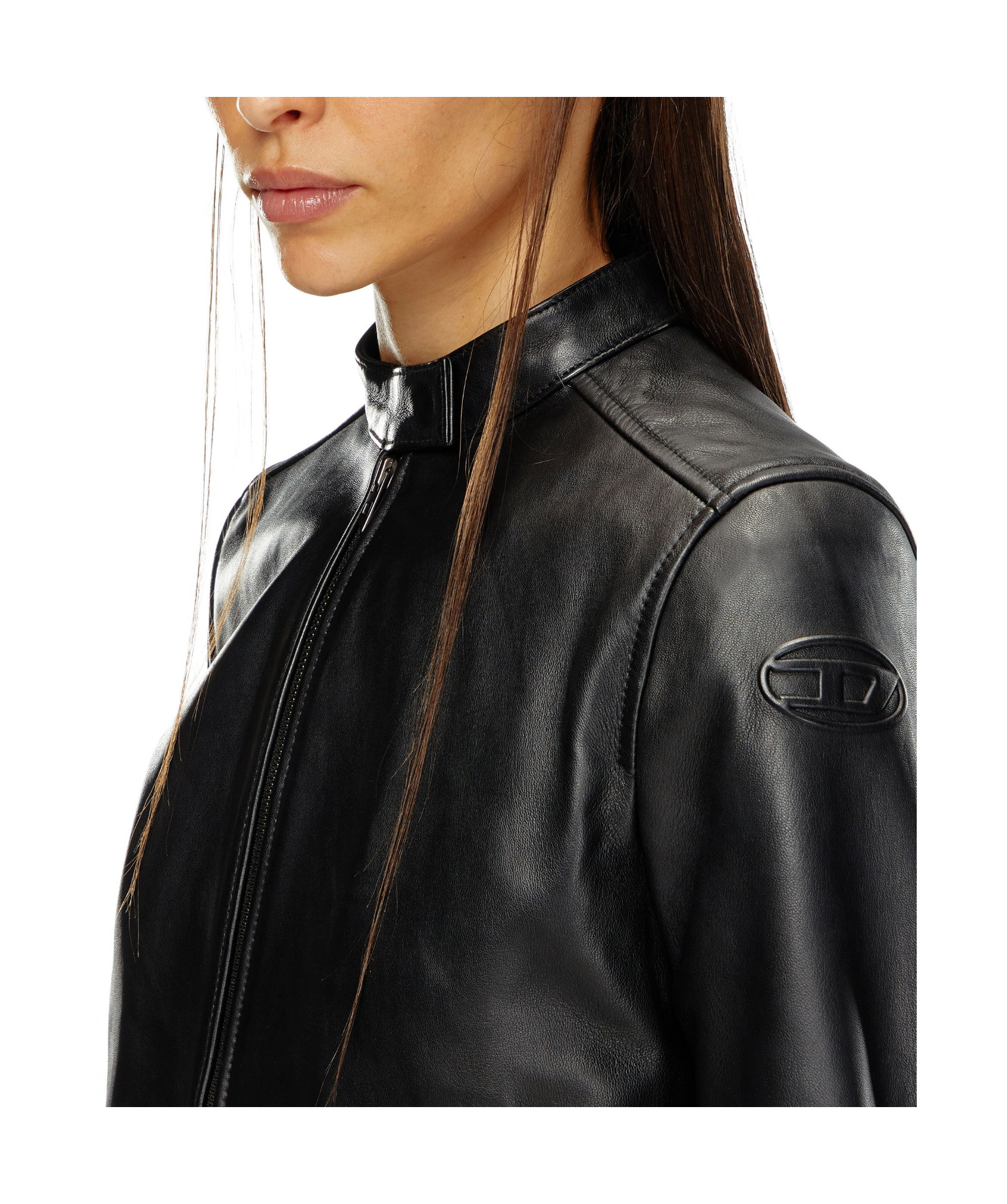 Diesel Black Lambskin Mock Neck Jacket In Black