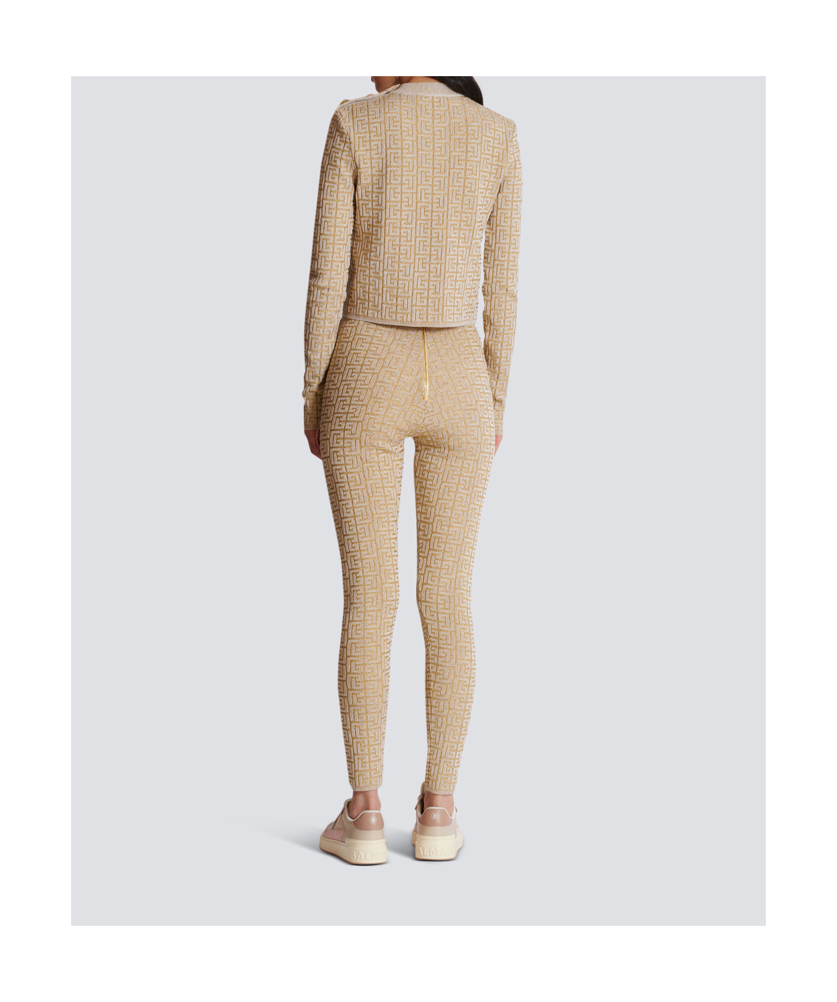 Balmain Ribbed Contrast Knit Leggings With High Waist In Nude