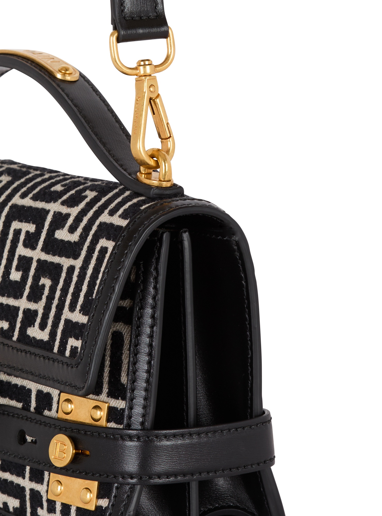 BALMAIN B-BUZZ SHOULDER 24 BAG IN CALFSKIN AND PB JACQUARD CANVAS