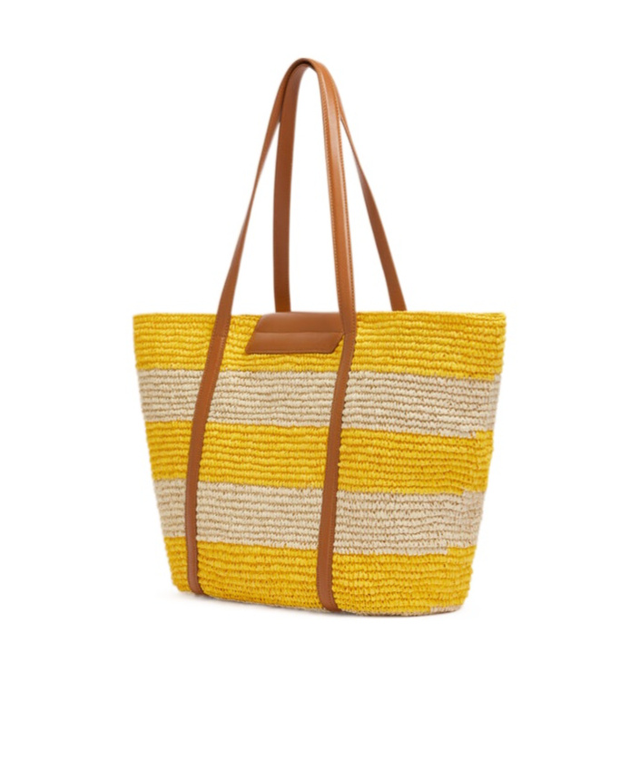 Shop Marni Medium Yellow Stripe Raffia-effect Trunkaroo Beach Bag In Natural/dark Lemon