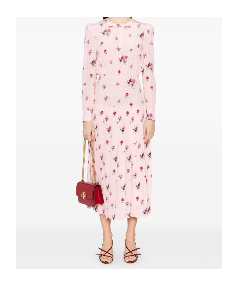 Alessandra Rich Bow-detailed Floral-print Silk Crepe De Chine Midi Dress In Pink