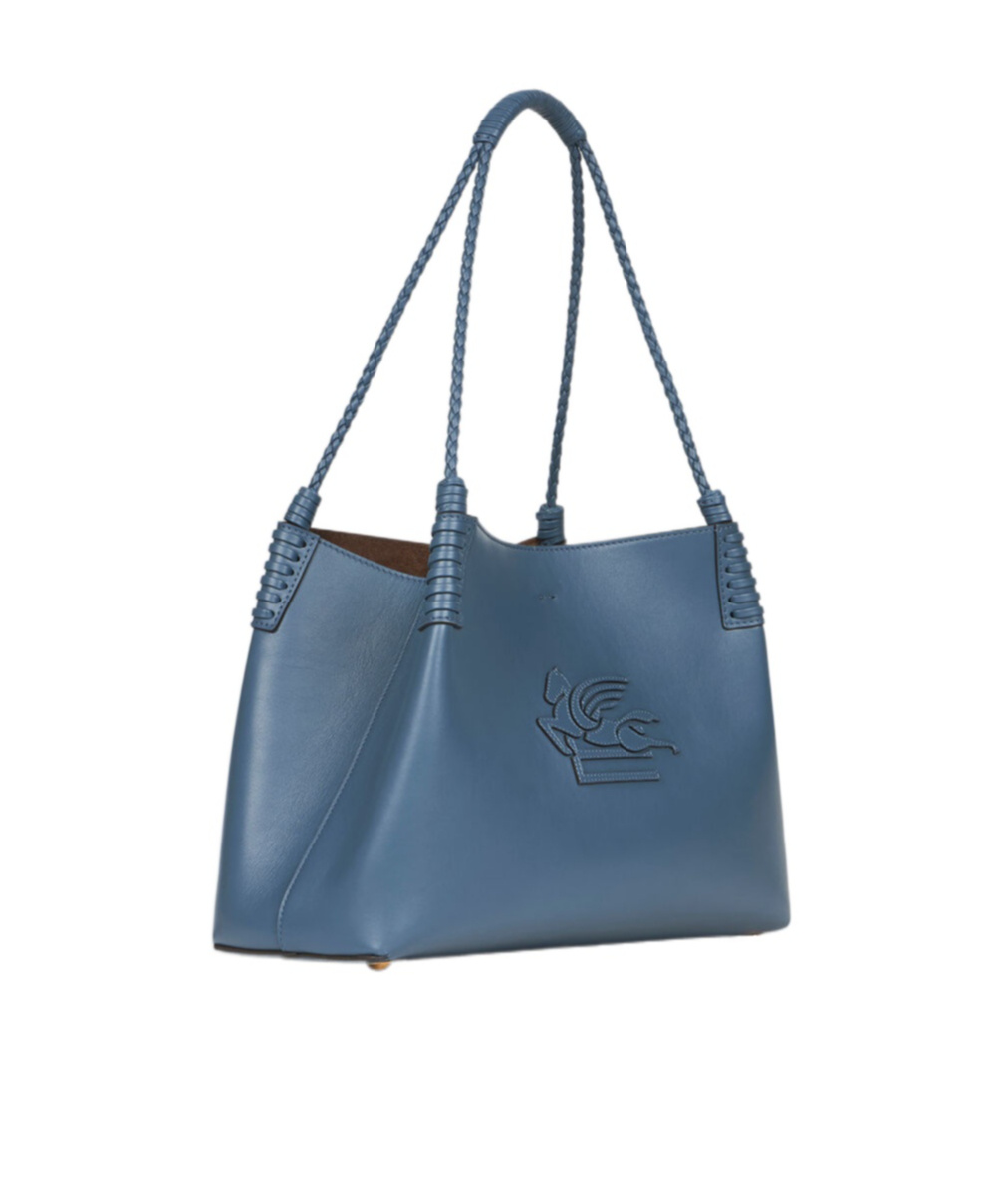 Etro Blue Calf Leather Shoulder Bag With Pegasus Emblem In Blue