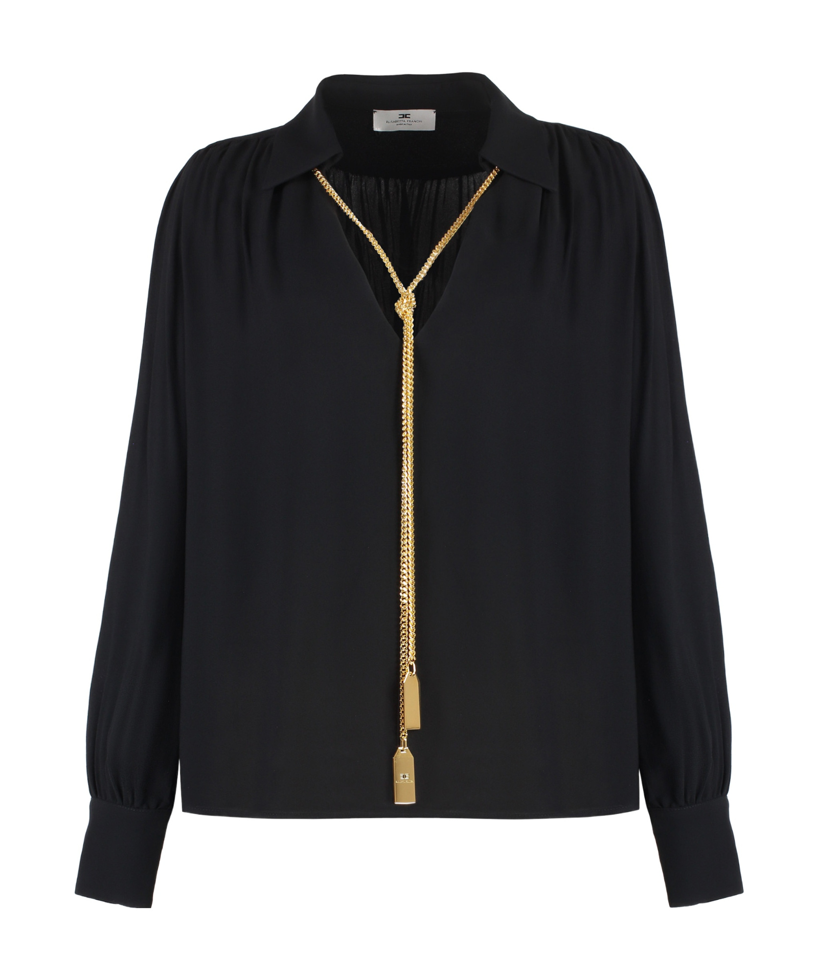 Elisabetta Franchi Sheer Fabric Collared Neck Gold Chain Long Sleeves In Black