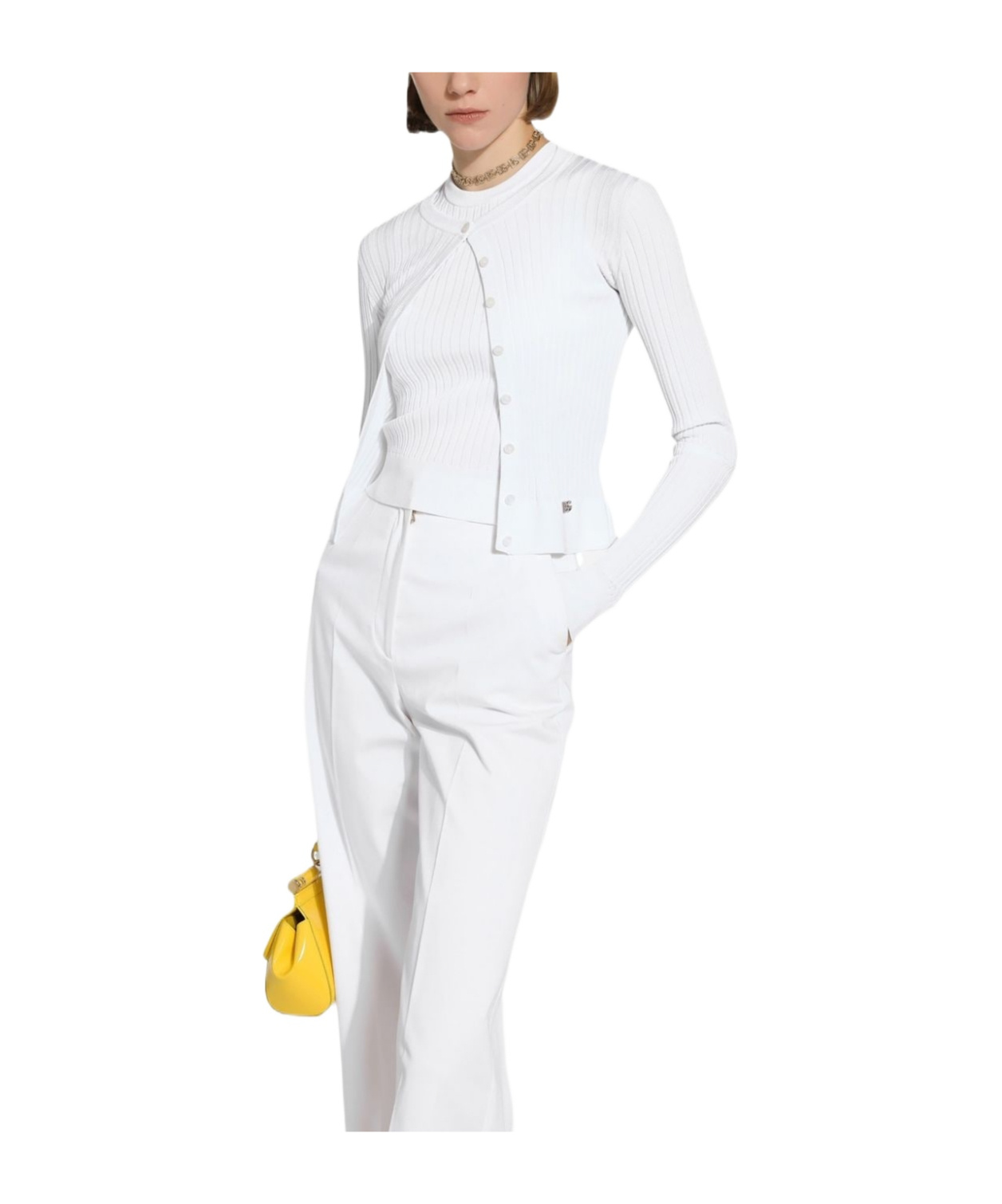 Dolce & Gabbana Ribbed Viscose Cardigan With Metal Dg Logo Pin In White
