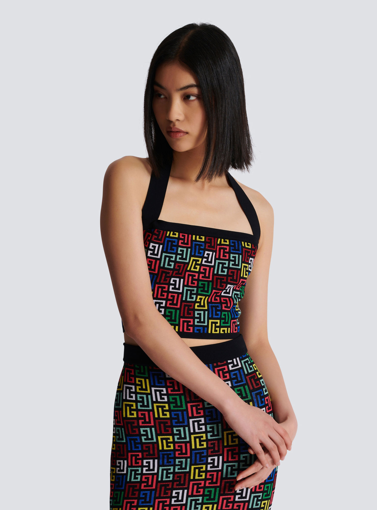 Balmain Halterneck Top In Pop Monogram Knit In Black