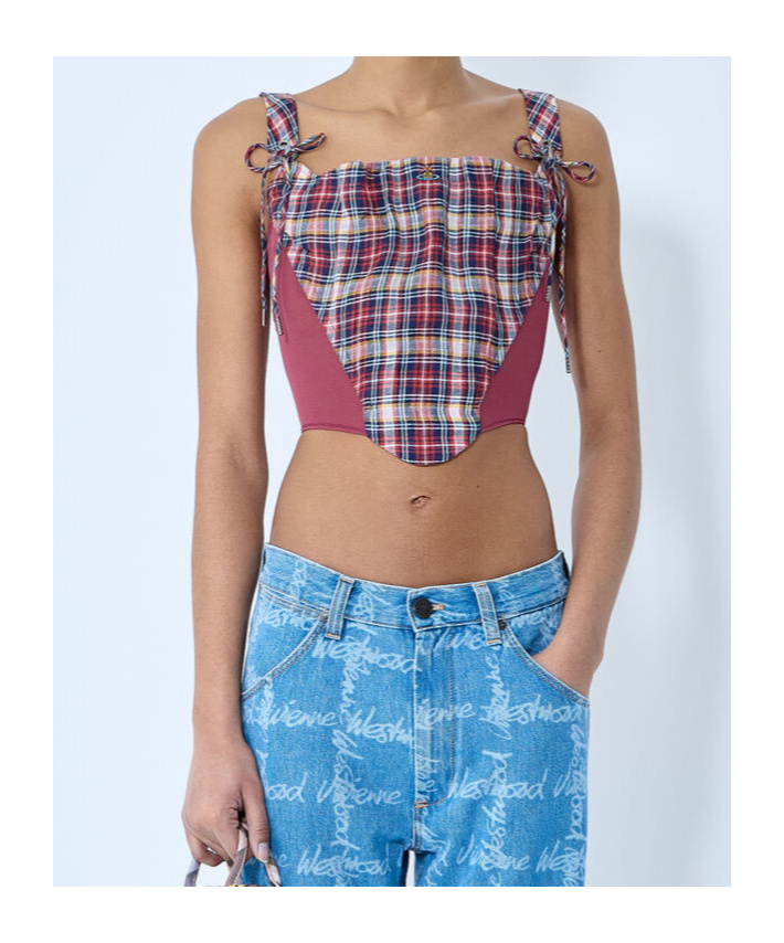 Vivienne Westwood Puppy Mesh-trimmed Checked Linen And Cotton-blend Bustier Top In Multicolor