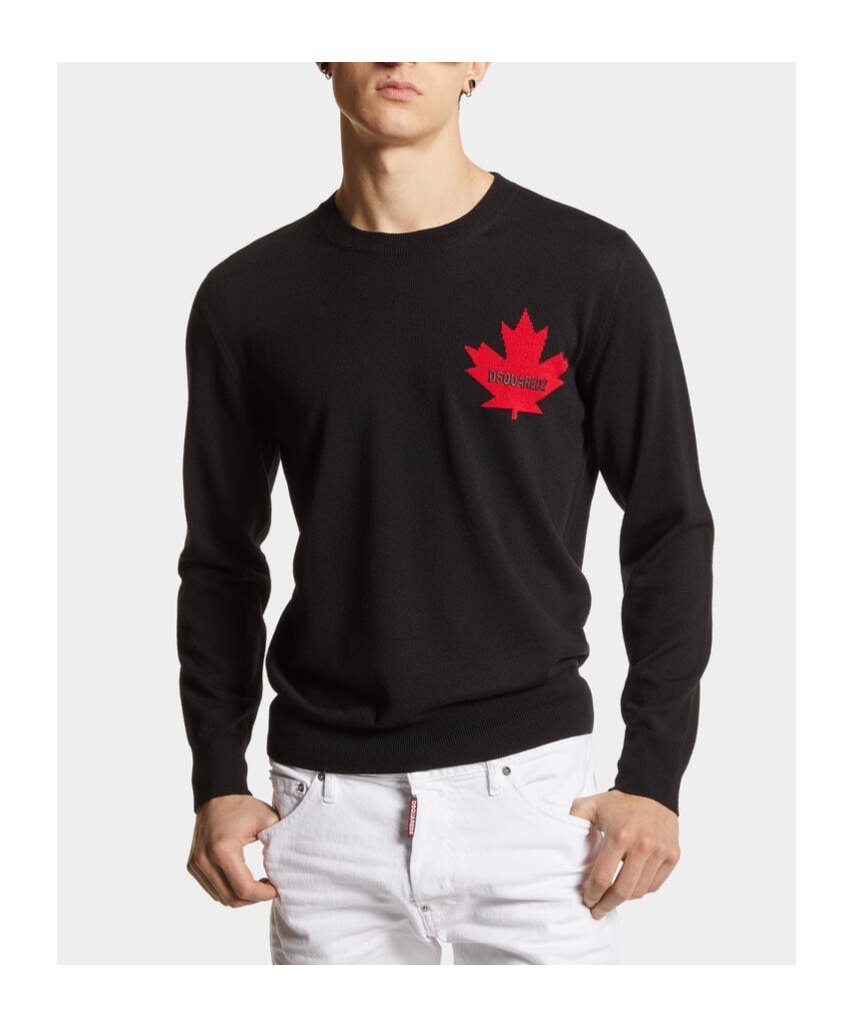 Dsquared2 Crewneck Sweater With Maple Leaf Print In Black
