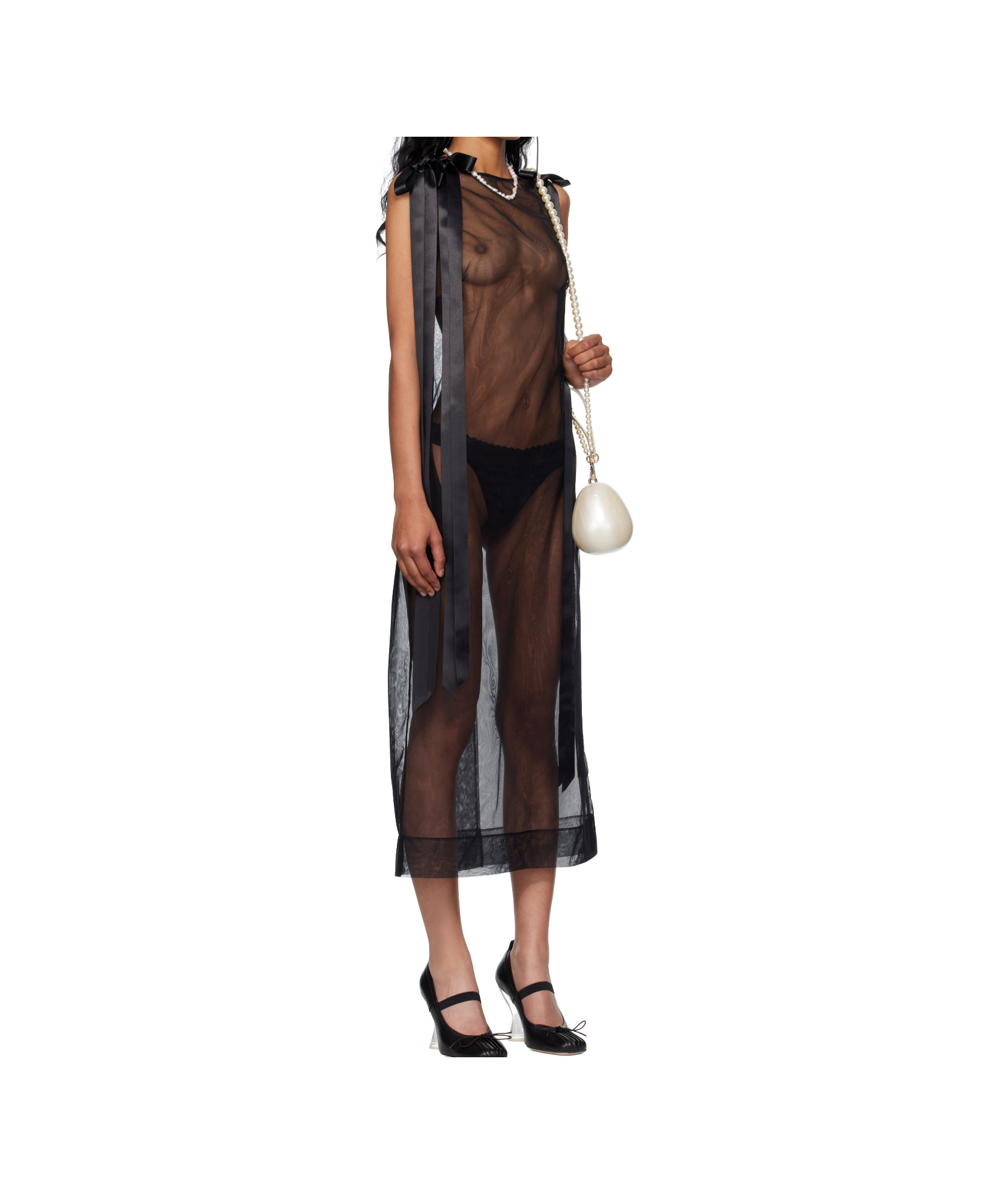 Simone Rocha Sheer Bow Ribbon Tail Dress In Black