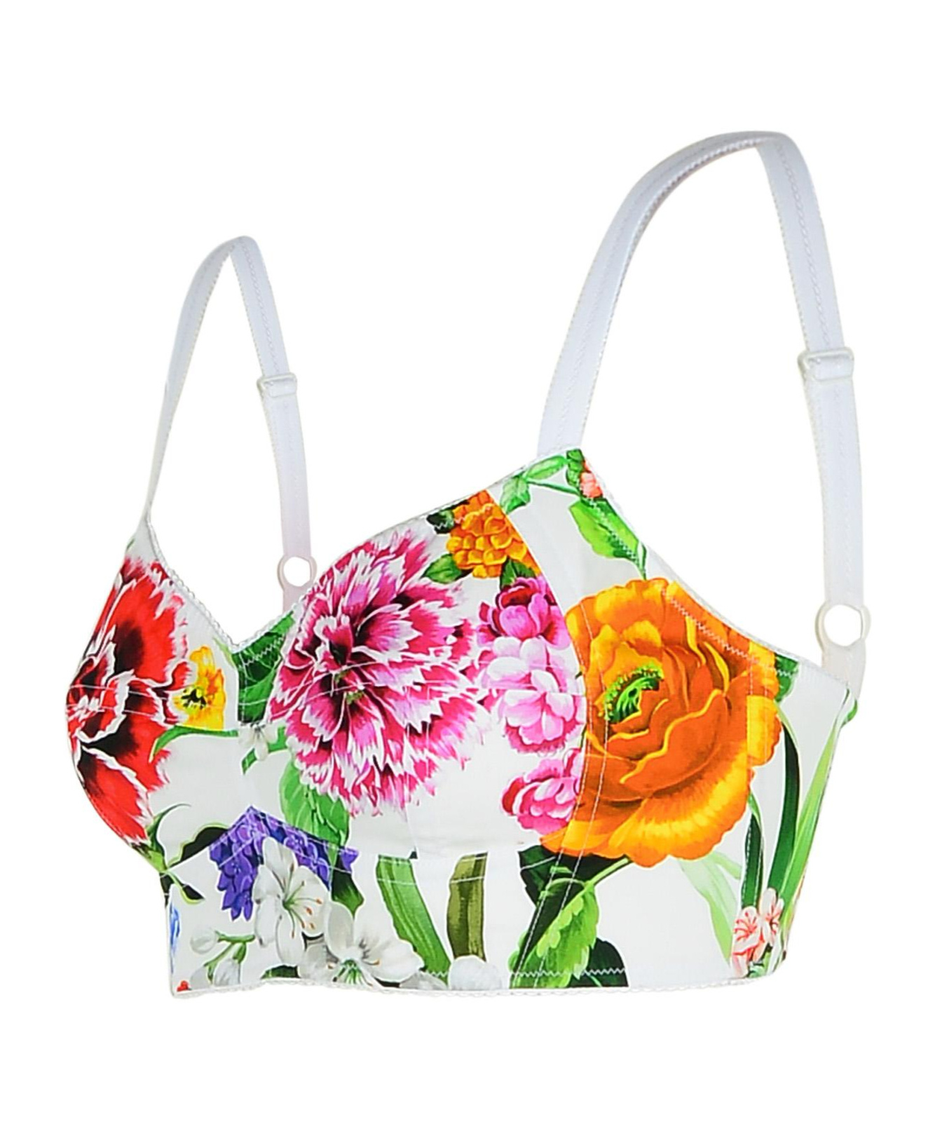 Dolce & Gabbana Multicolor Top With All-over Floral Motif And Adjustable Shoulder Straps In Cotton Blend Woman In White