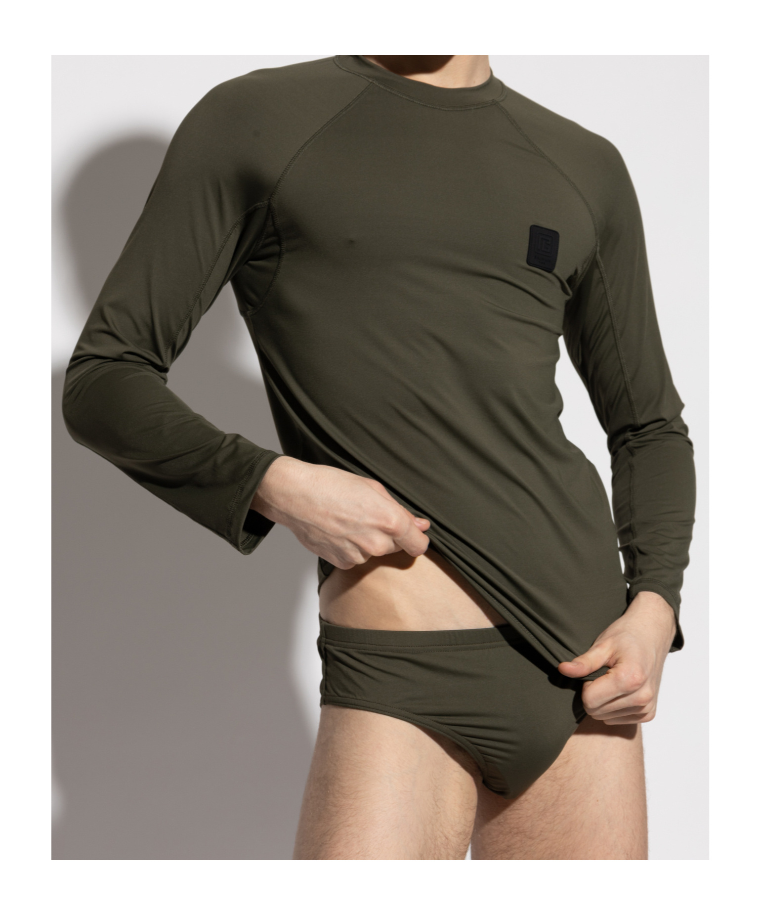 Balmain Round-collar Long-sleeve Swimsuit In Green