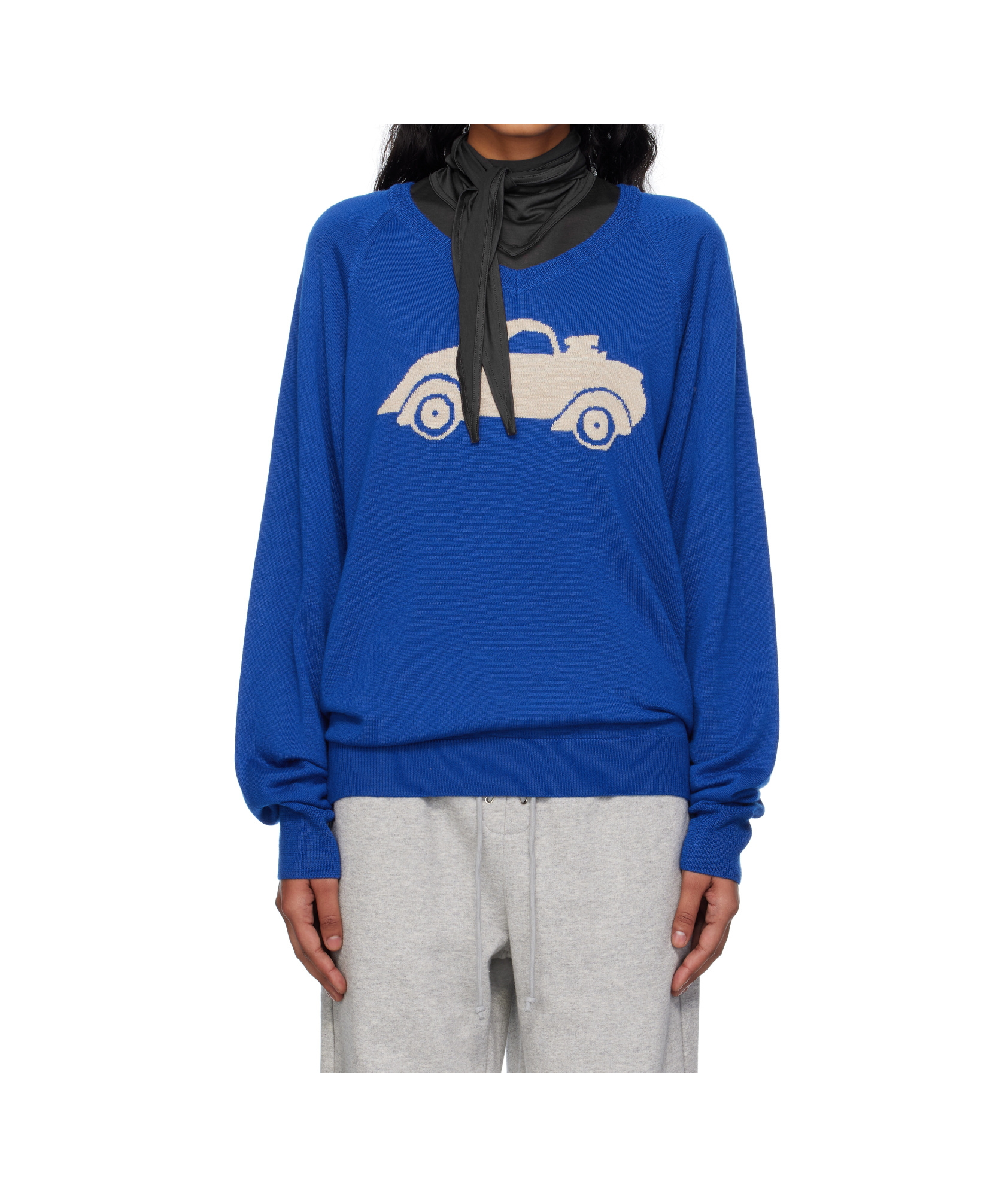 Open Yy Car Pattern Knitted Sweater In Blue