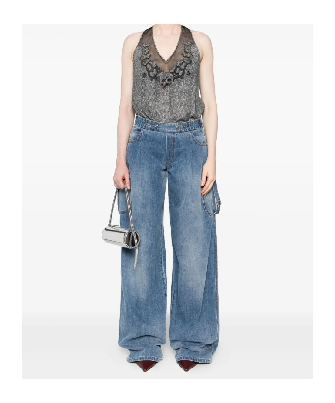 Ermanno Scervino Herringbone Embroidered Top In Gray