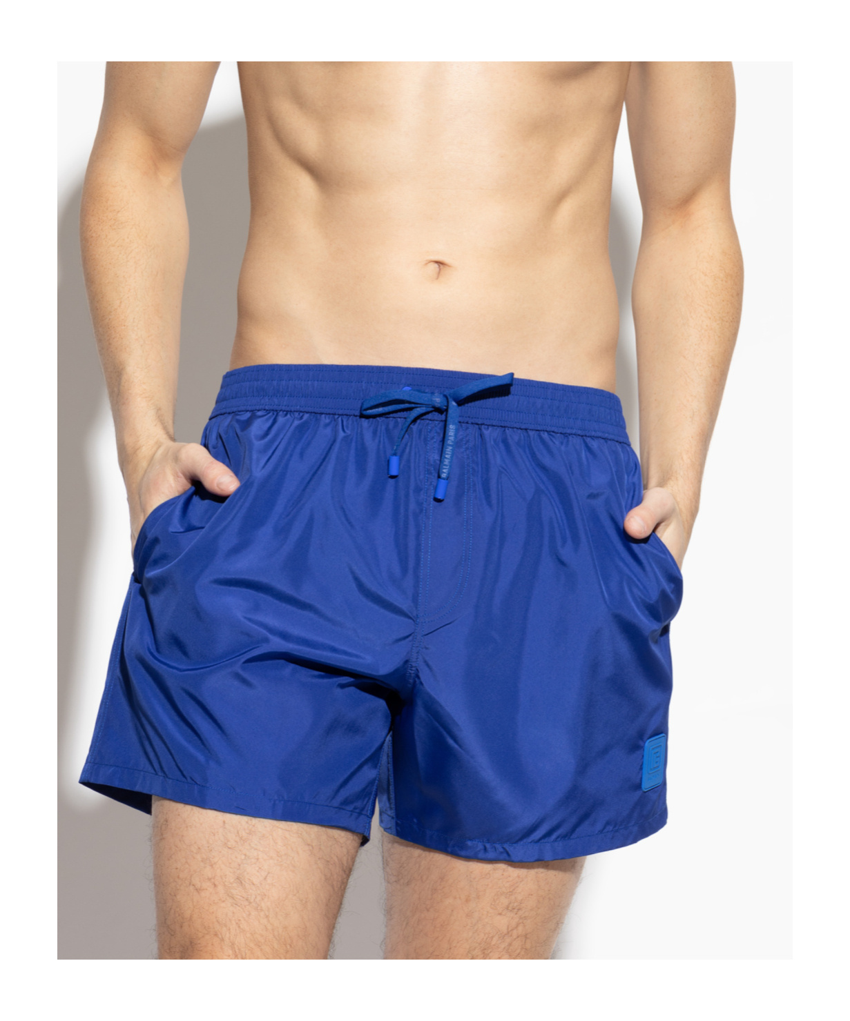Shop Balmain Logo-patch Swim Shorts In Blue