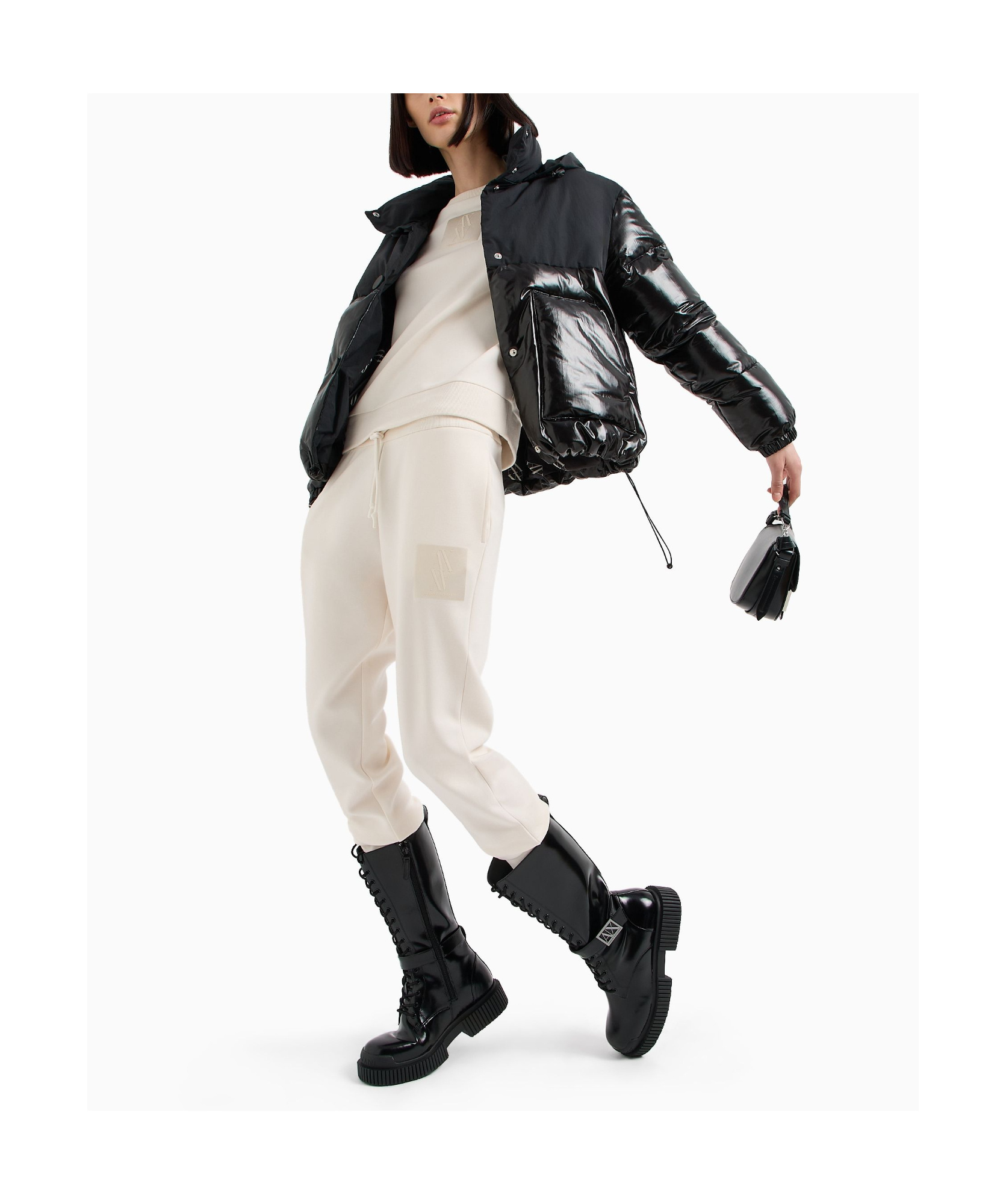 Armani Exchange Padded Jacket In Patent Leather And Opaque Fabric In Black