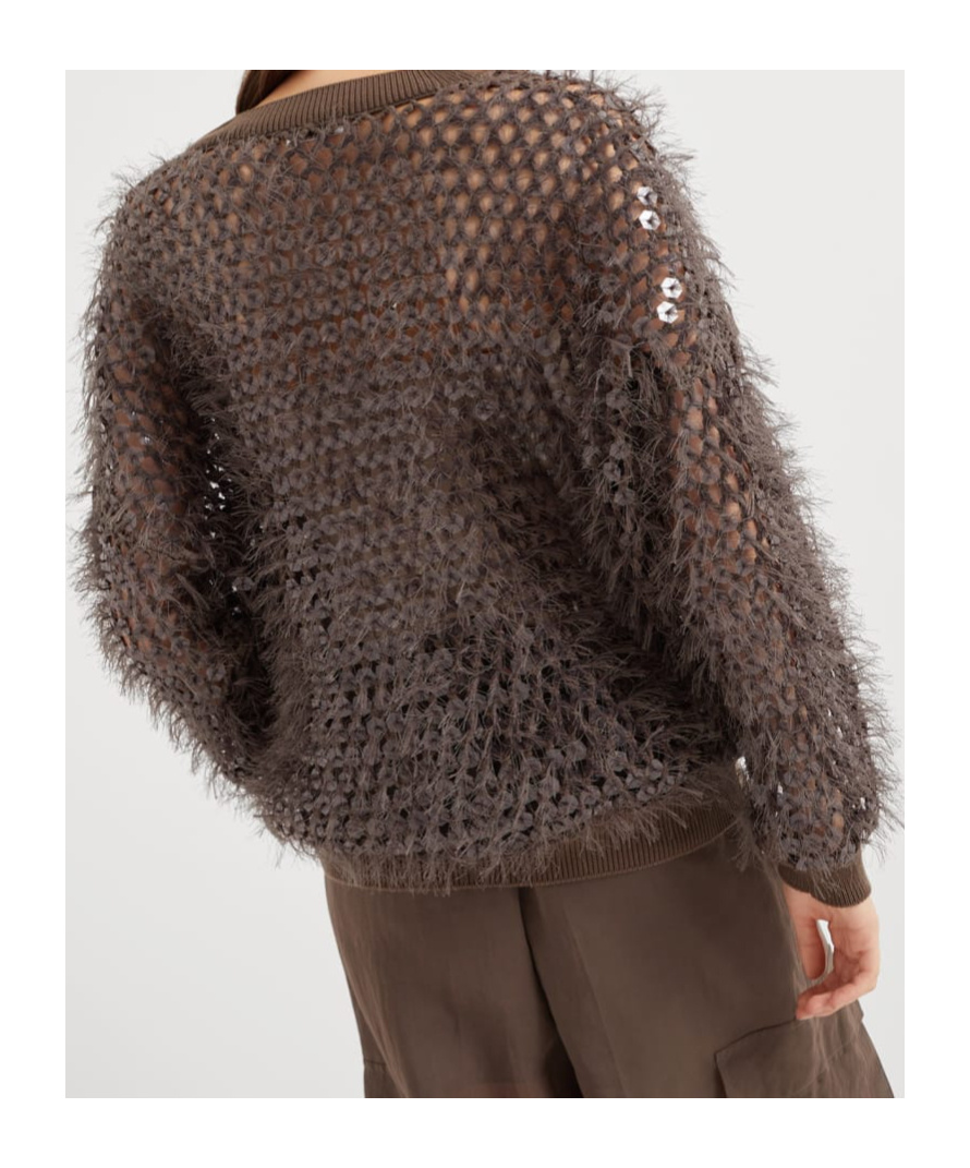 Brunello Cucinelli Chocolate Mesh Top With Sequins In Chocolate-colored