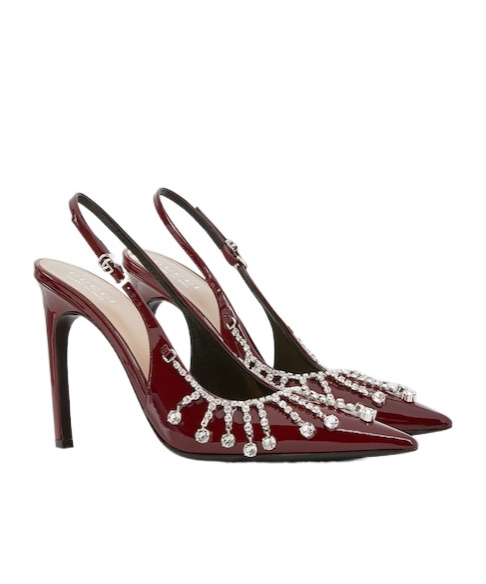 Gucci 105 Crystal Embellished Slingback Pumps In Patent Leather In Red