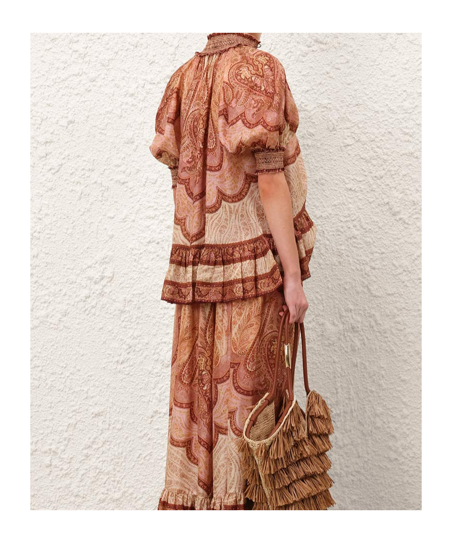 Zimmermann Tapestry-print Burgundy Silk Habotai Wanderlust Blouse In Brown