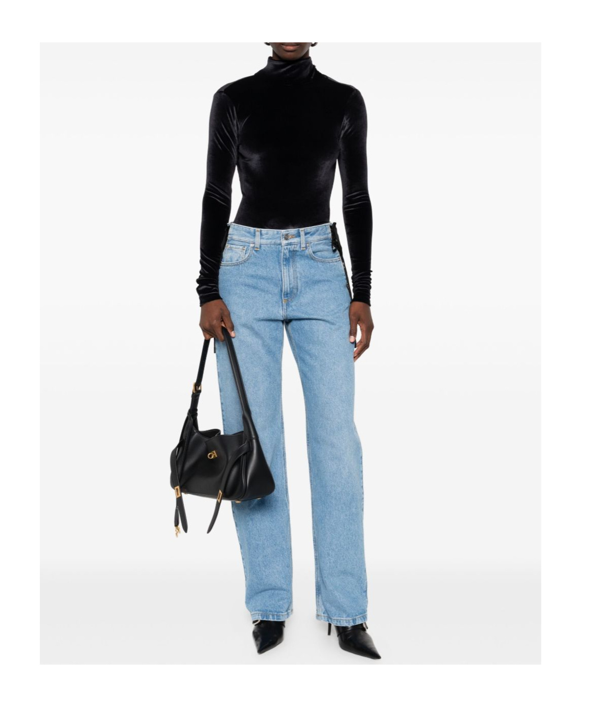 Mugler High-neck Velvet Bodysuit In Black