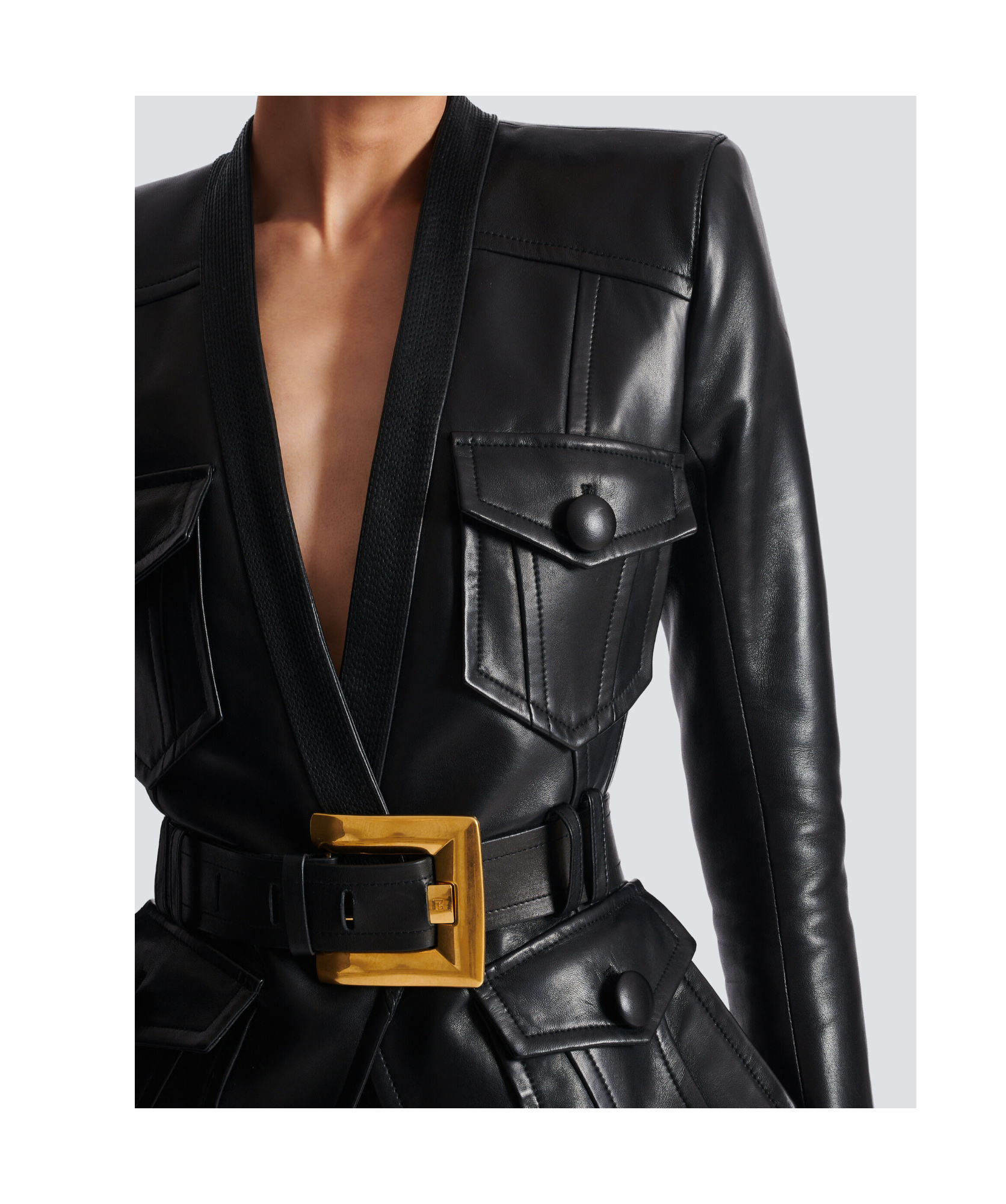 Balmain Belted 4 Pokets Fitted Lambskin Jacket Clothing In Black