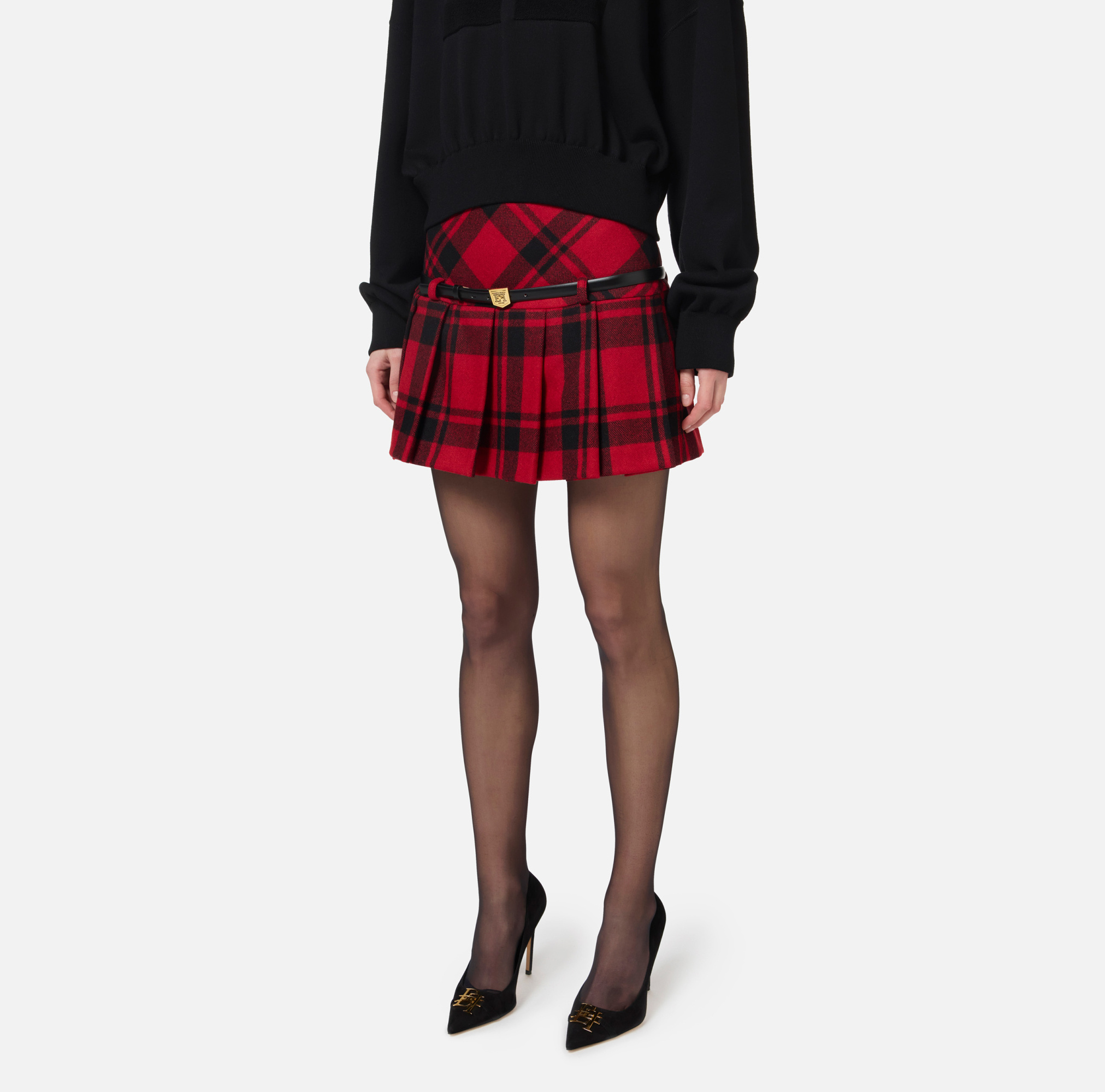 Elisabetta Franchi Multicolor Tartan Belt Skirt In Red
