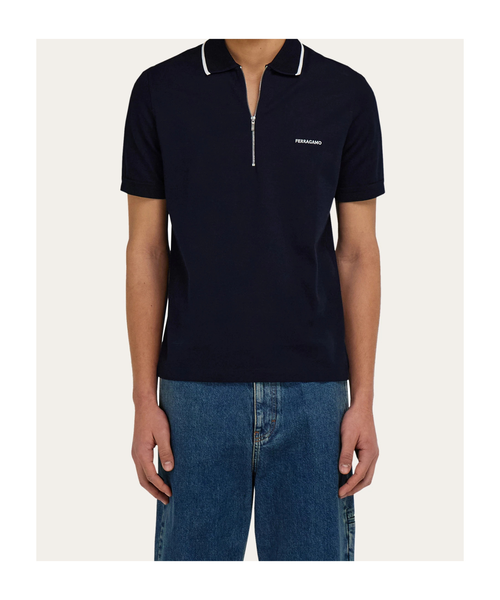 Ferragamo Cotton Polo Shirt With Zip Closure In Blue