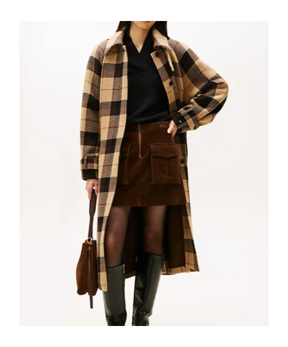 Tommy Hilfiger Check Wool Blend Oversized Belted Coat In Brown