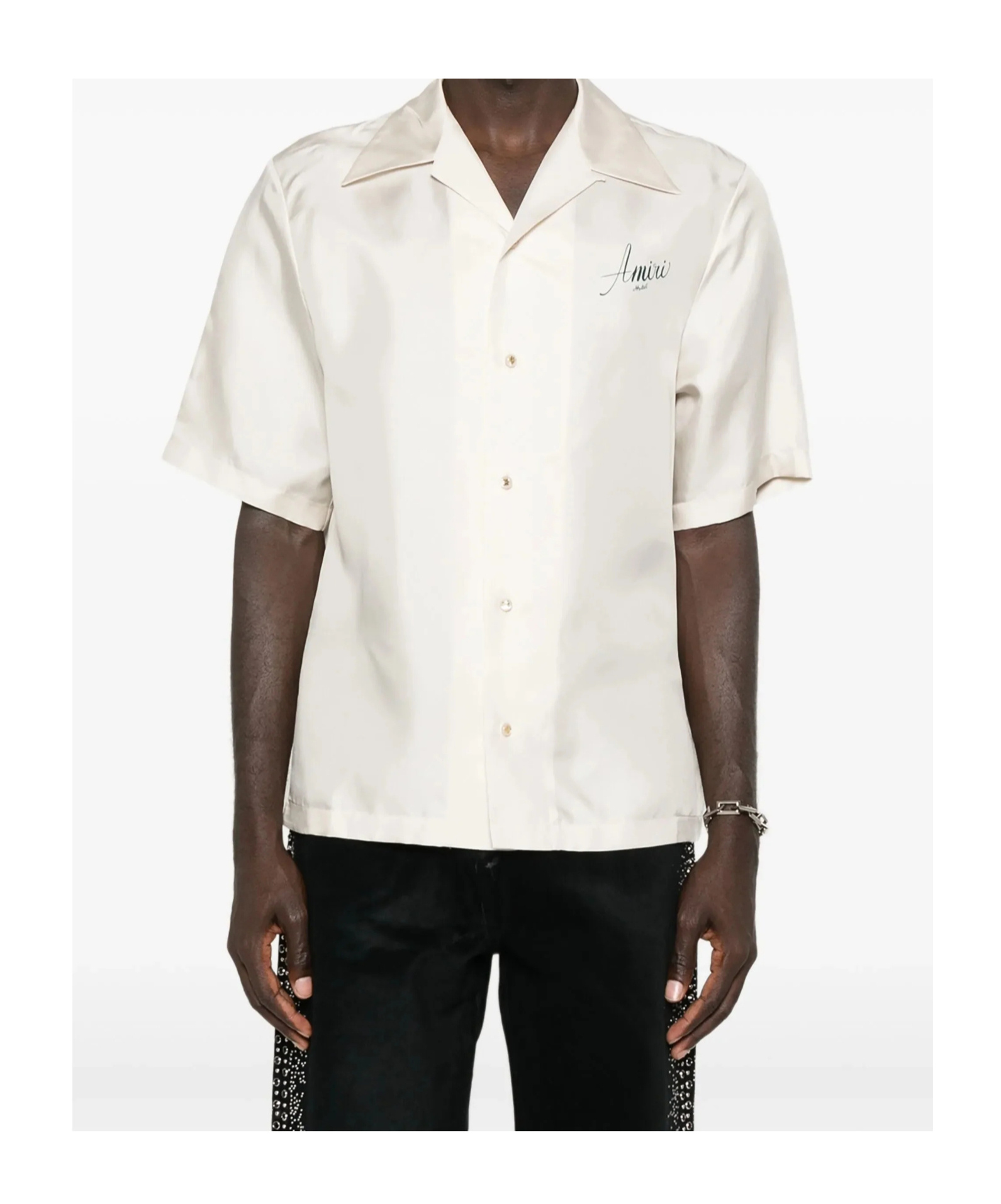 Amiri Convertible-collar Logo-print Silk-twill Shirt In Neutral