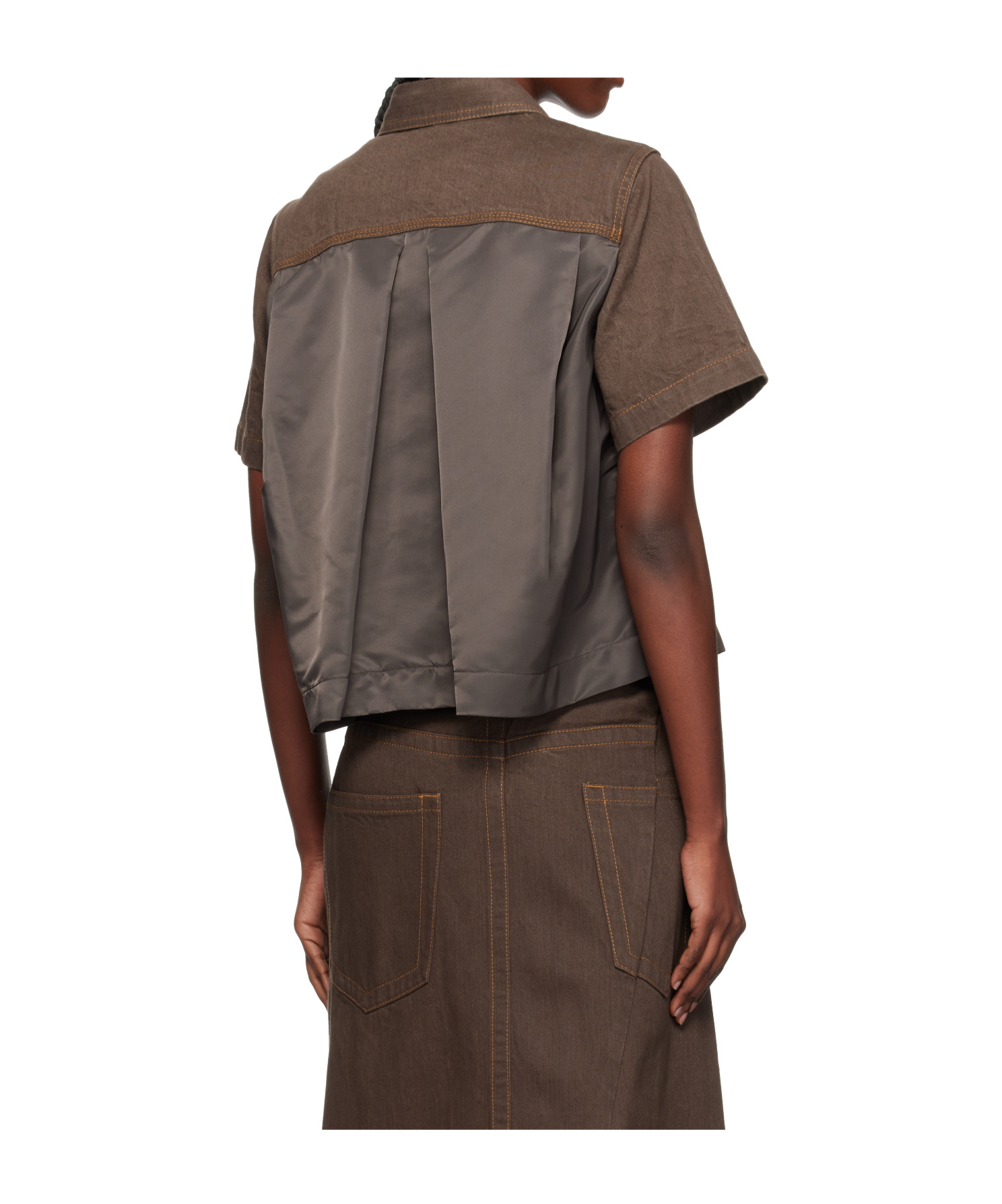 Sacai Lapel Short-sleeved Denim Jacket In Brown