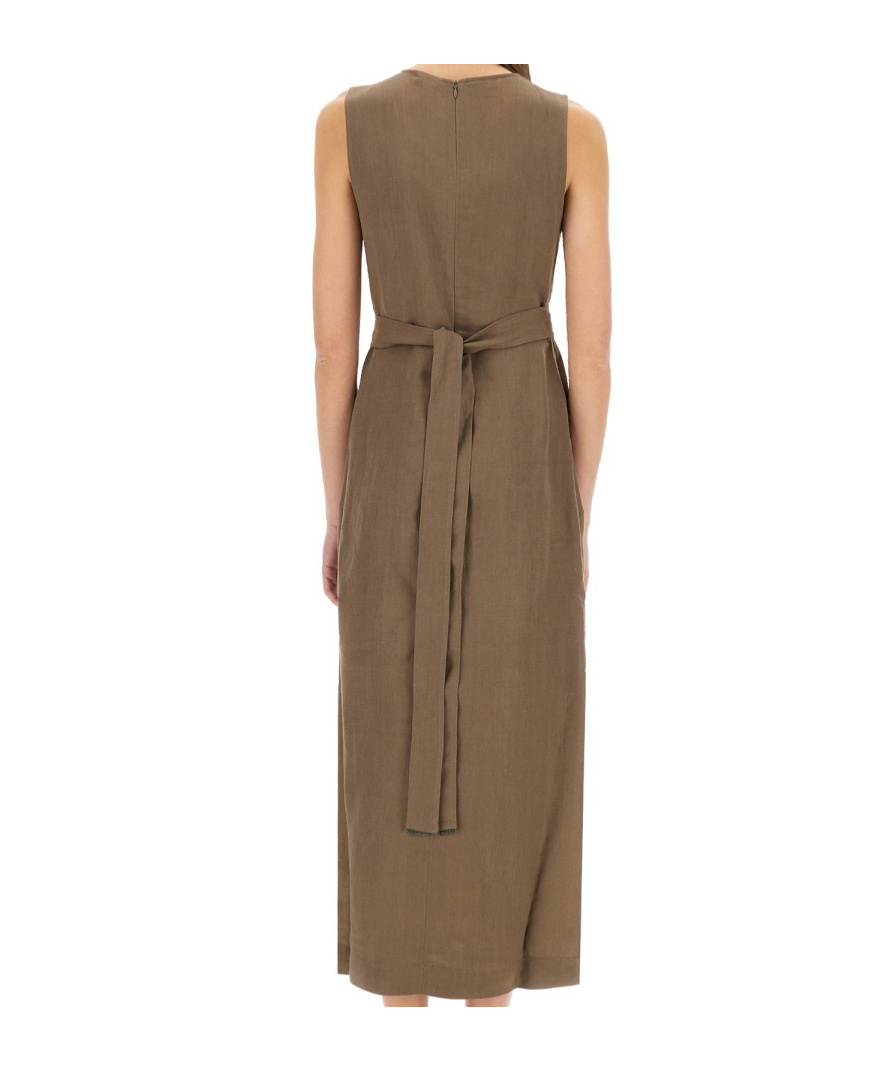 Brunello Cucinelli Wrap Effect Linen Dress In Brown